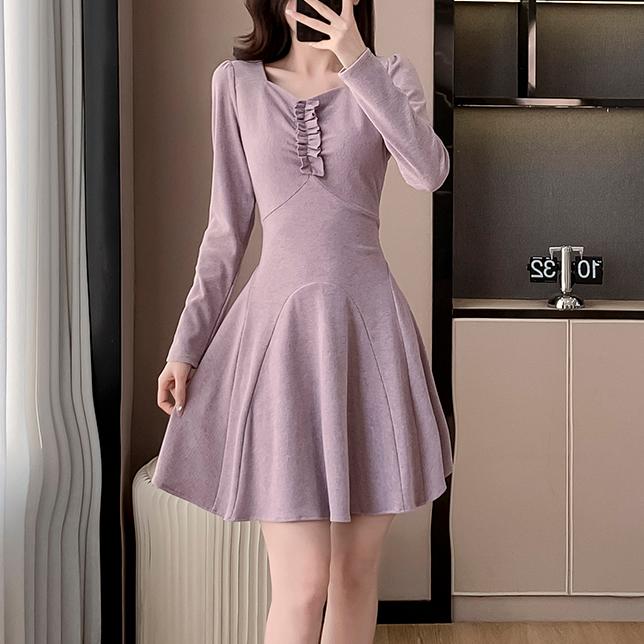 小香風純色木耳邊方領連身裙