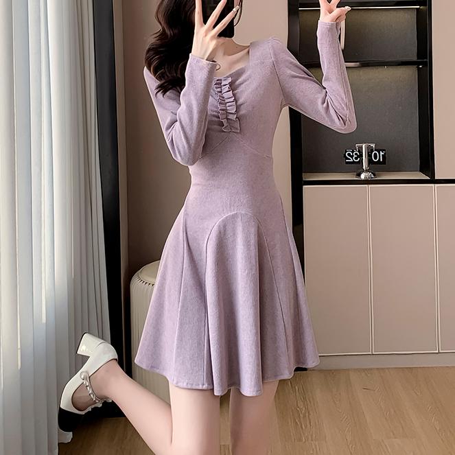 小香風純色木耳邊方領連身裙