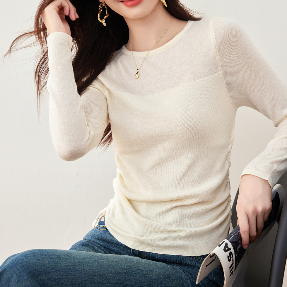 簡約網紗抽褶收腰圓領T卹打底衫