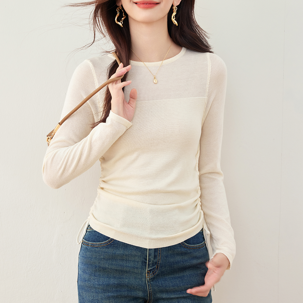 簡約網紗抽褶收腰圓領T卹打底衫