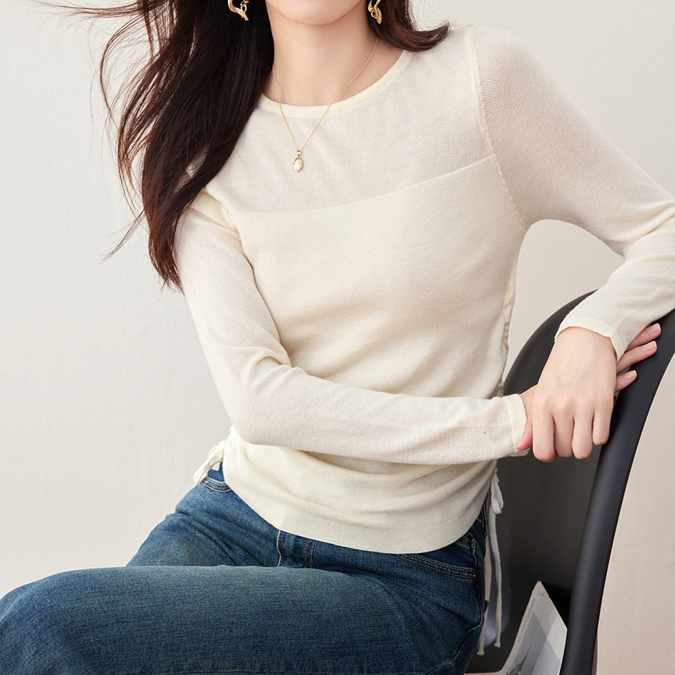 簡約網紗抽褶收腰圓領T卹打底衫