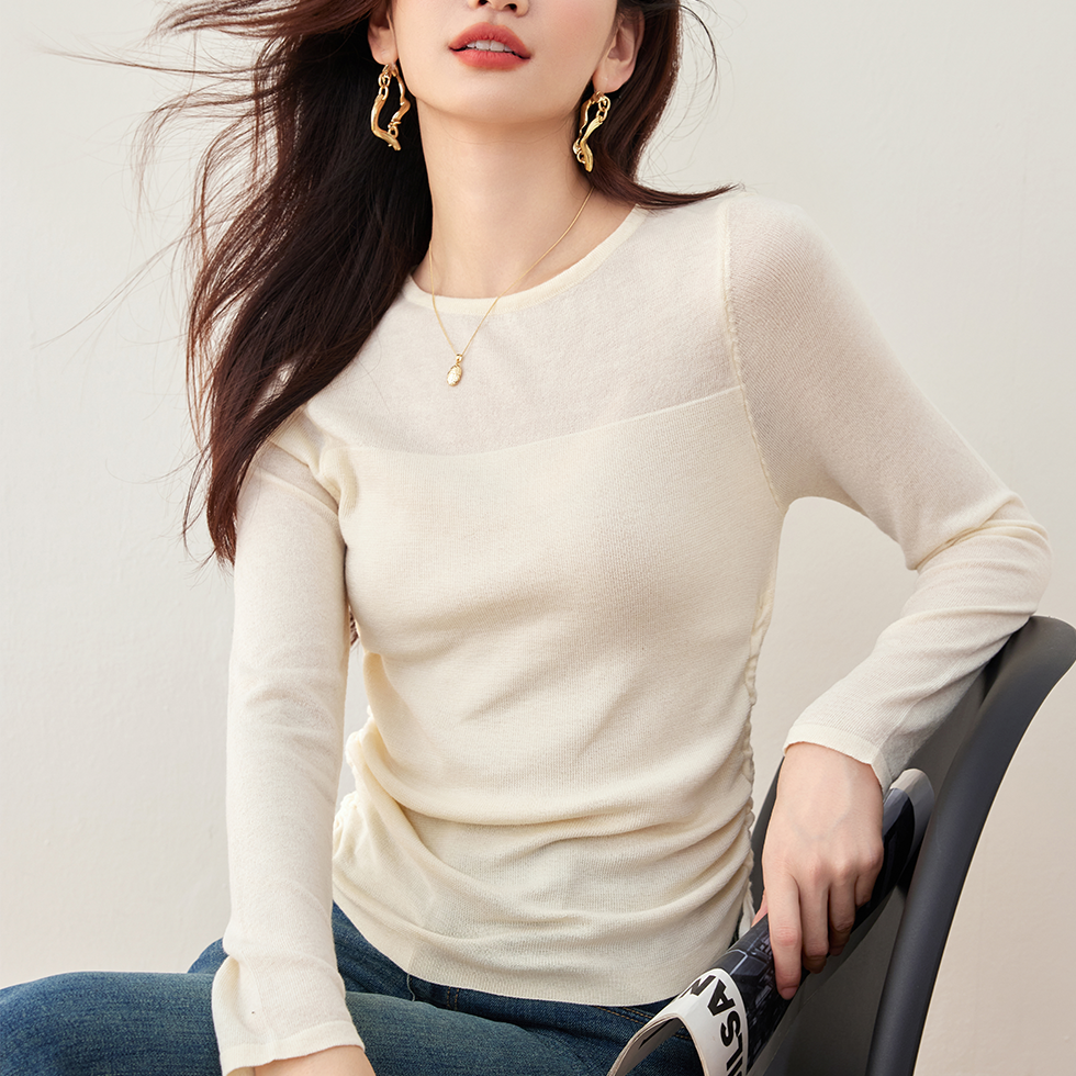 簡約網紗抽褶收腰圓領T卹打底衫