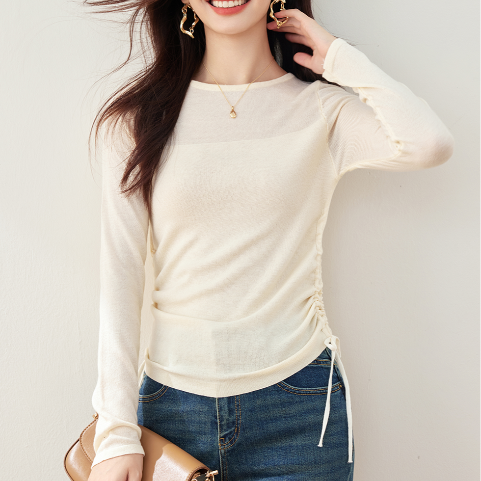 簡約網紗抽褶收腰圓領T卹打底衫