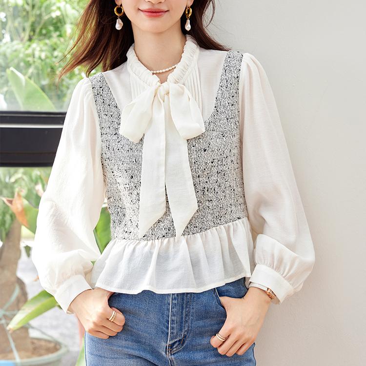 法式假兩件繫帶長袖襯衫