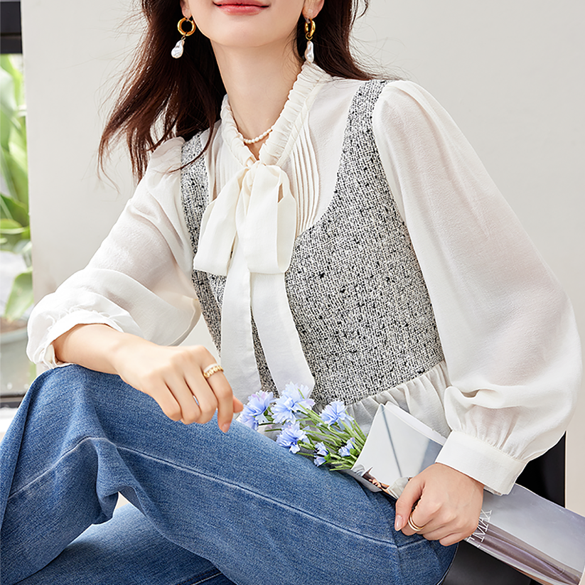 法式假兩件繫帶長袖襯衫