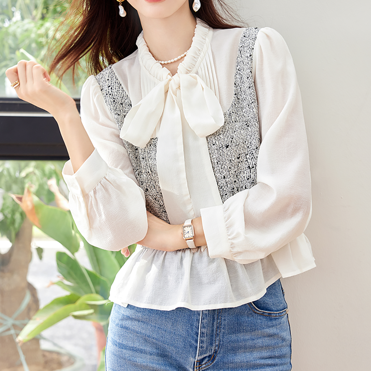 法式假兩件繫帶長袖襯衫