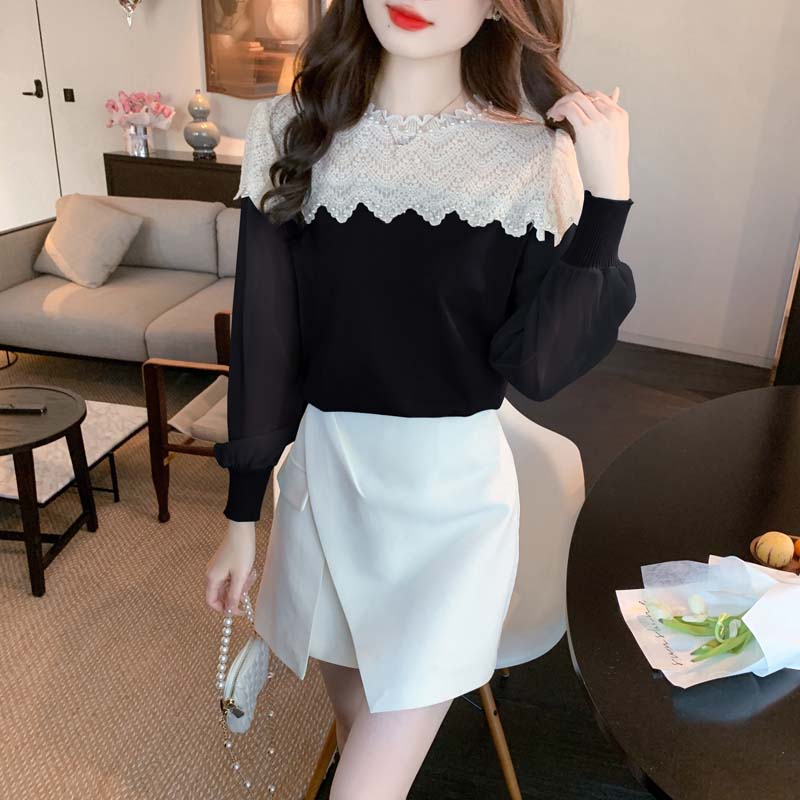 設計感氣質撞色蕾絲釘珠襯衫