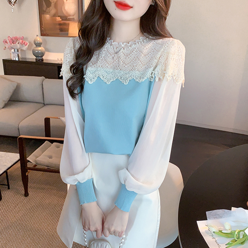 設計感氣質撞色蕾絲釘珠襯衫