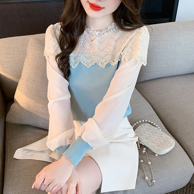 設計感氣質撞色蕾絲釘珠襯衫