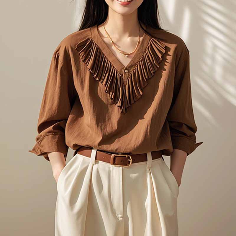 美拉德法式V領長袖襯衫