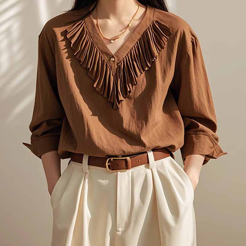 美拉德法式V領長袖襯衫