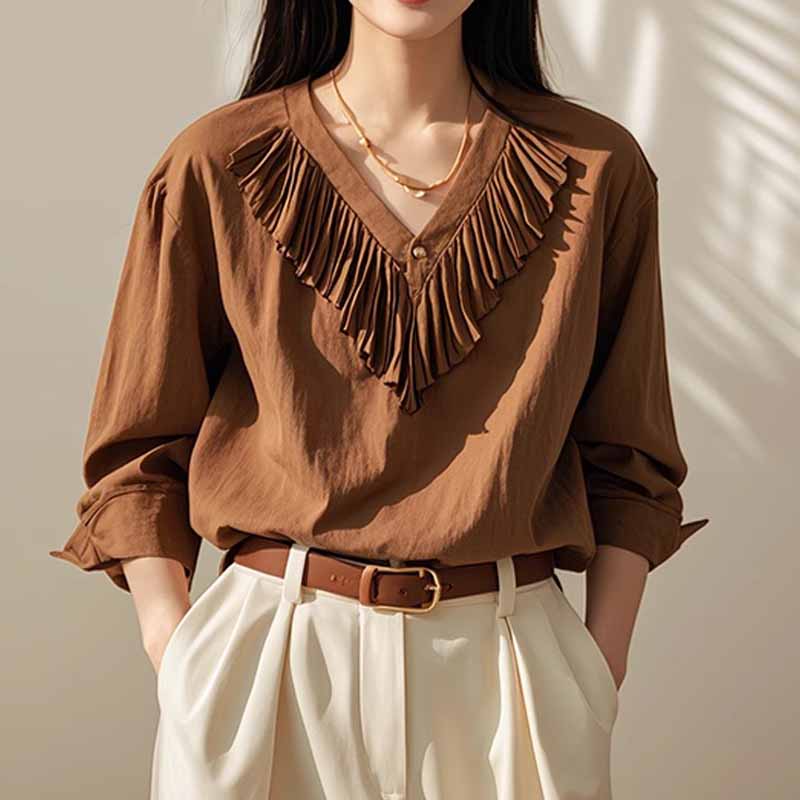 美拉德法式V領長袖襯衫