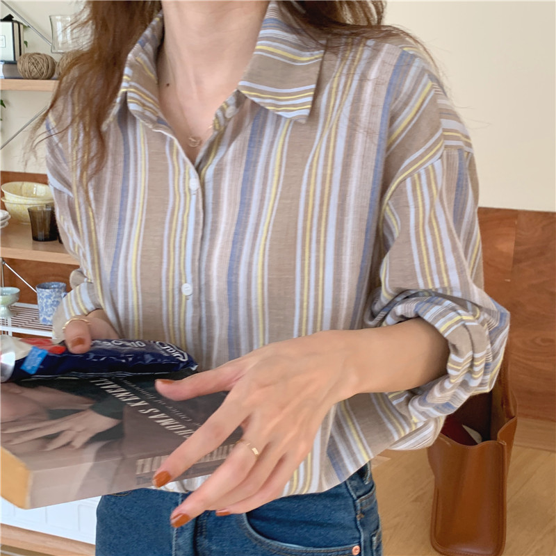 韓版棉麻條紋長袖襯衫