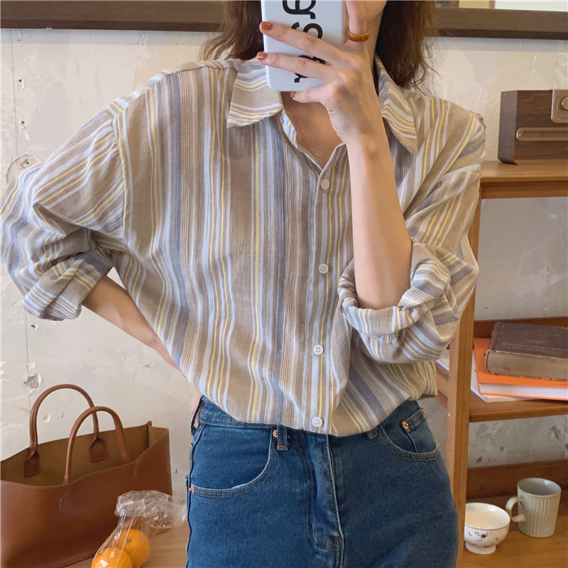 韓版棉麻條紋長袖襯衫