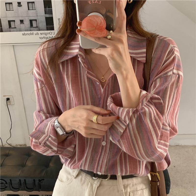 韓版棉麻條紋長袖襯衫