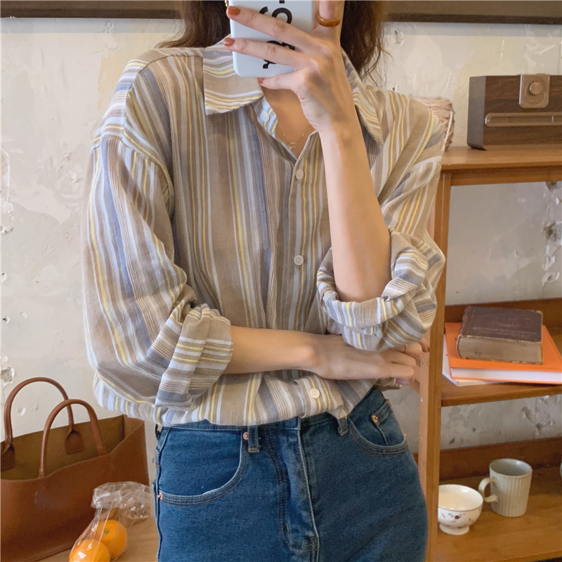 韓版棉麻條紋長袖襯衫