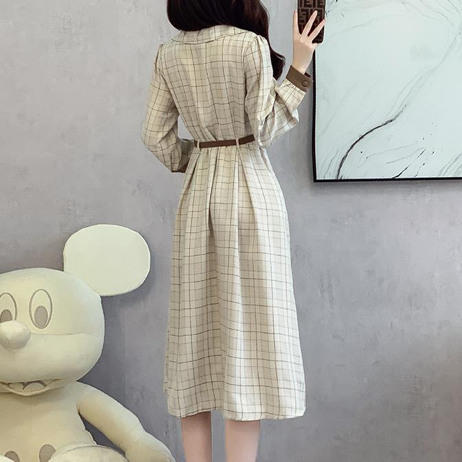 氣質格子翻領長袖連身裙