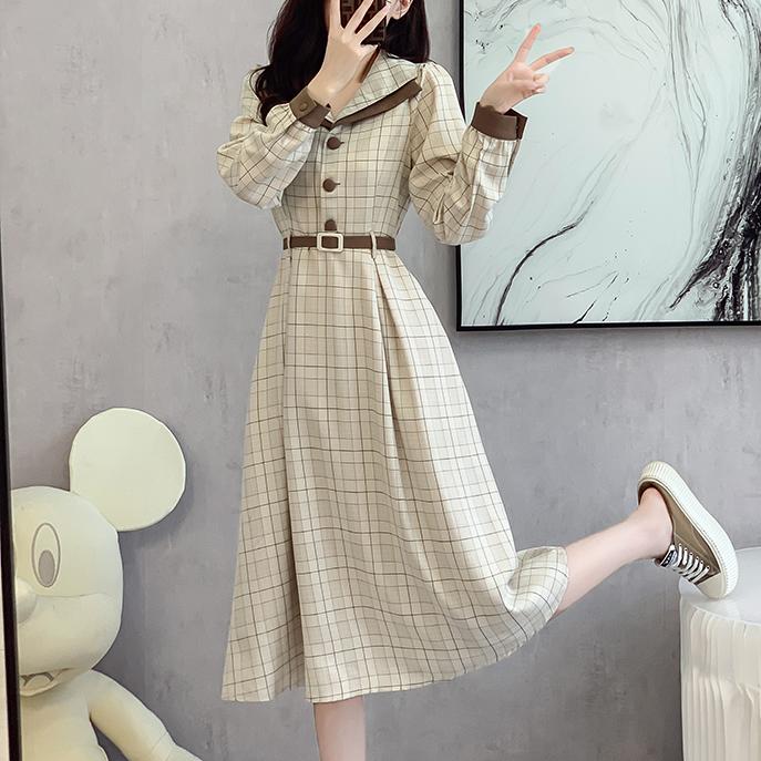 氣質格子翻領長袖連身裙