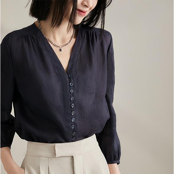 韓版純色九分泡泡袖襯衫