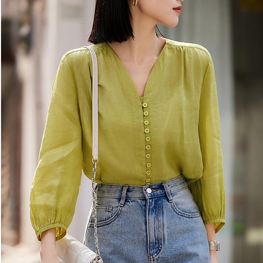 韓版純色九分泡泡袖襯衫