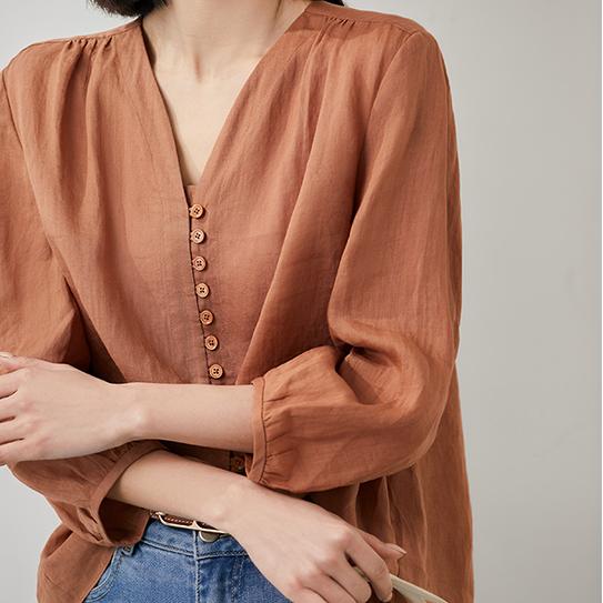 韓版純色九分泡泡袖襯衫