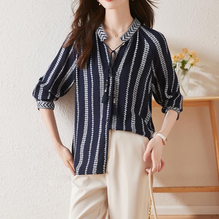 氣質條紋長袖雪紡襯衫