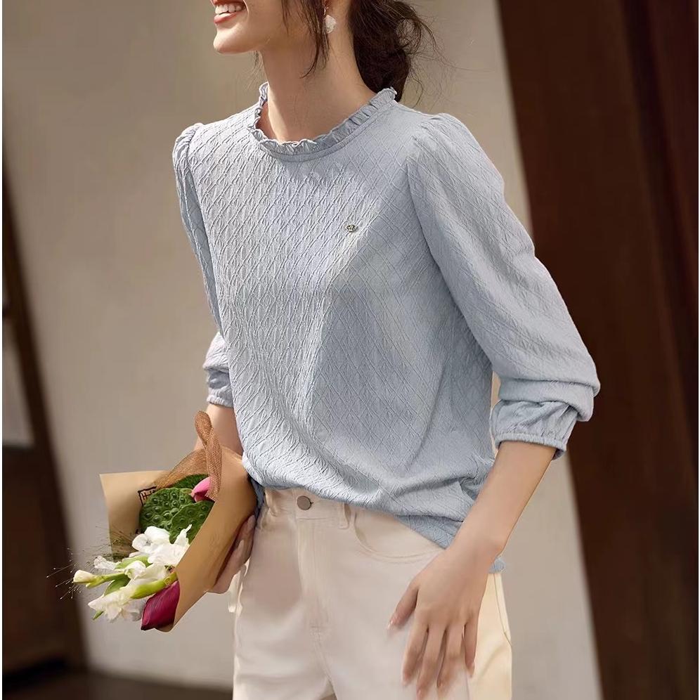 簡約泡泡袖肌理感圓領襯衫