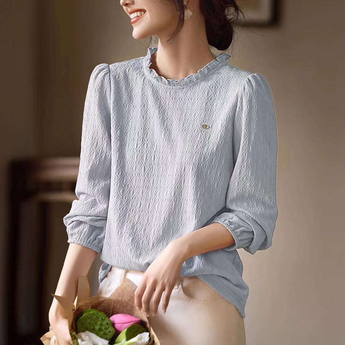 簡約泡泡袖肌理感圓領襯衫