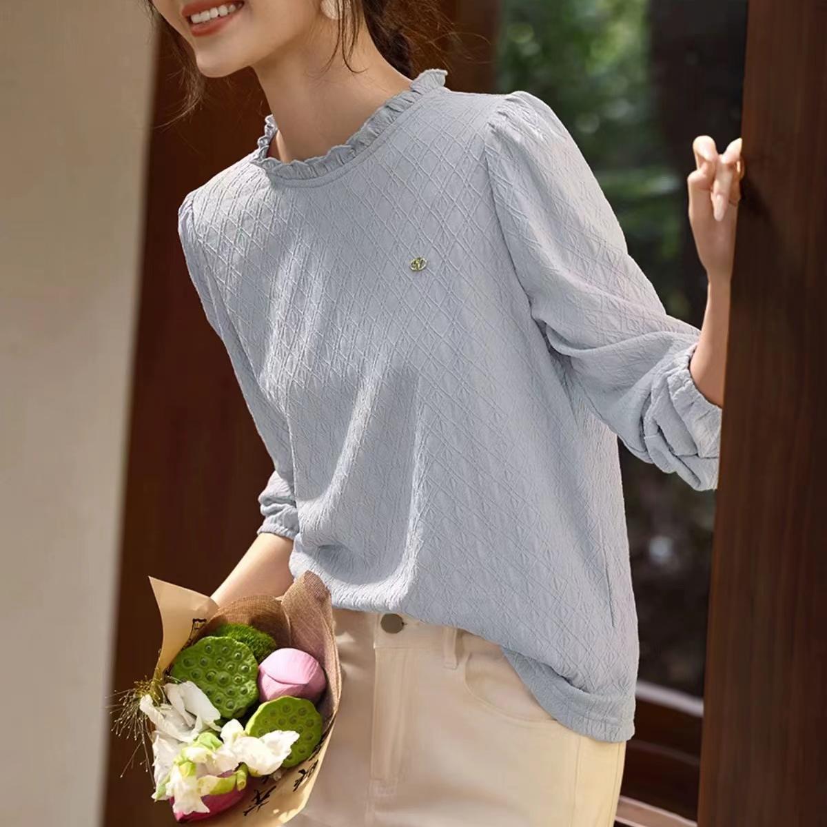 簡約泡泡袖肌理感圓領襯衫