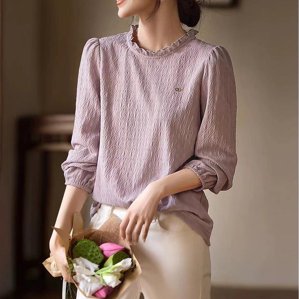 簡約泡泡袖肌理感圓領襯衫