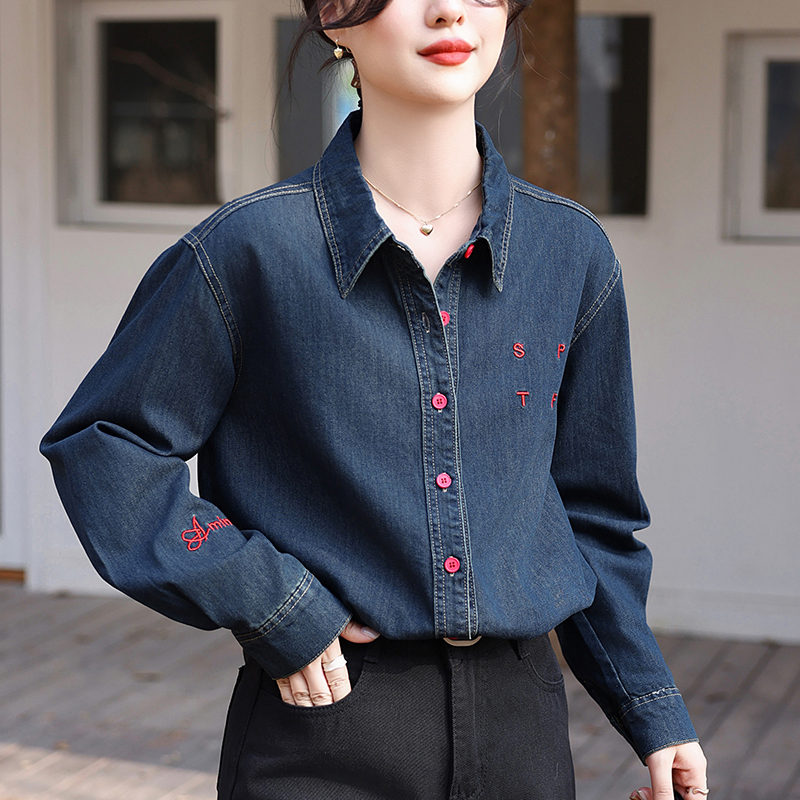 韓系牛仔疊穿字母刺繡襯衫