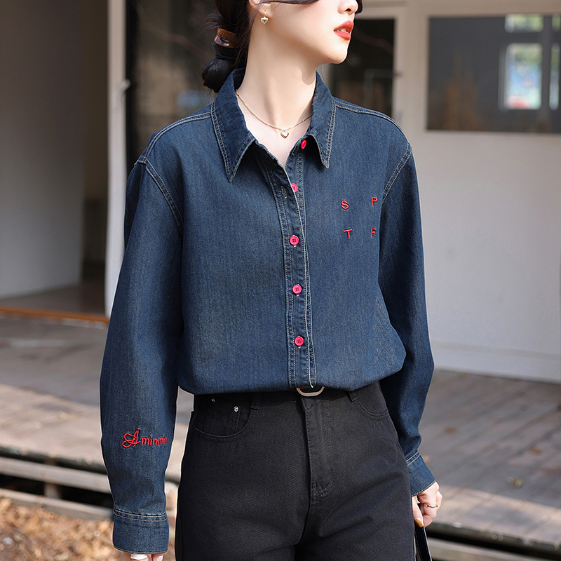 韓系牛仔疊穿字母刺繡襯衫