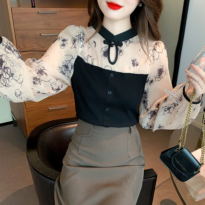 氣質盤扣拼接針織花朵印花長袖襯衫