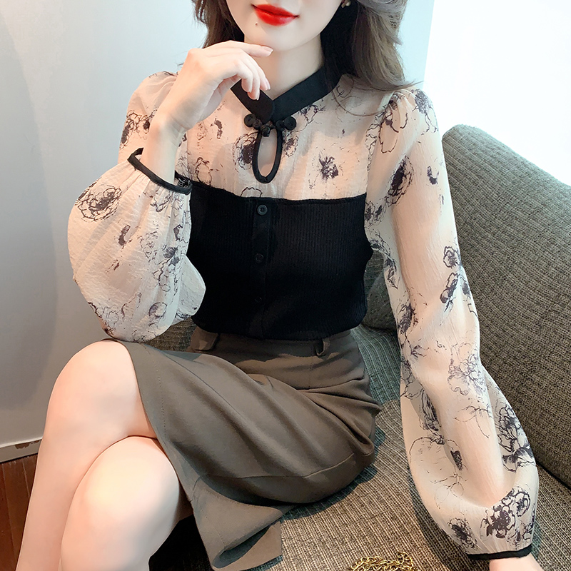 氣質盤扣拼接針織花朵印花長袖襯衫