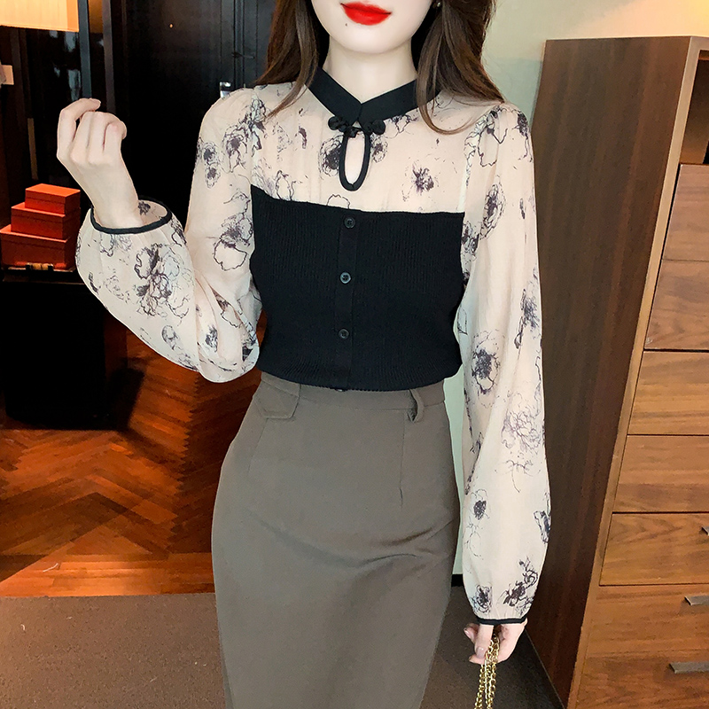 氣質盤扣拼接針織花朵印花長袖襯衫