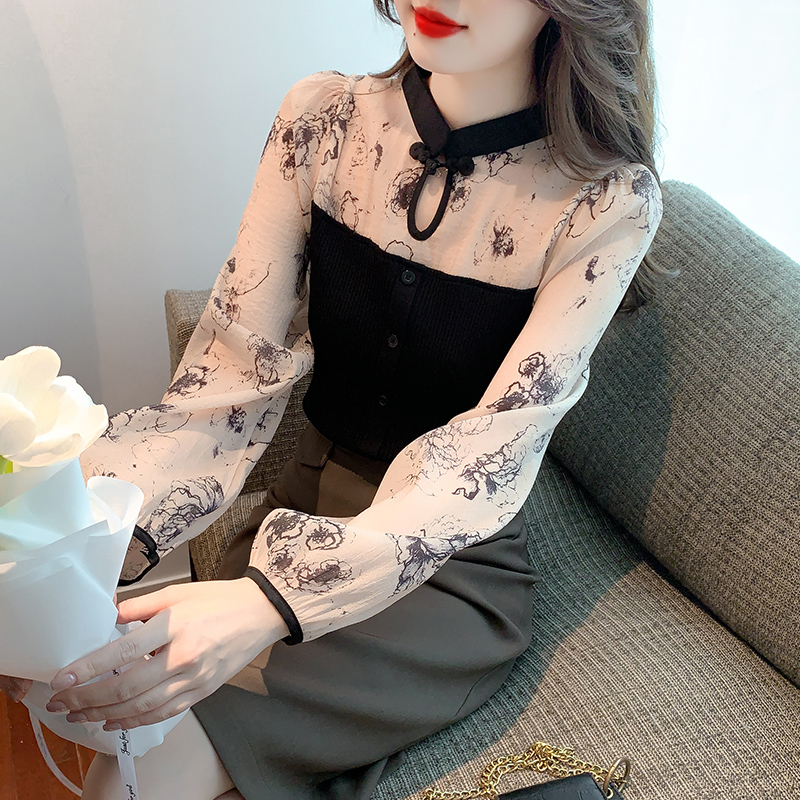 氣質盤扣拼接針織花朵印花長袖襯衫