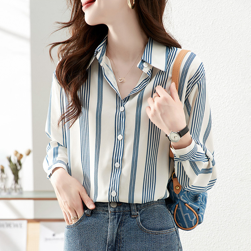 慵懶風條紋長袖翻領襯衫