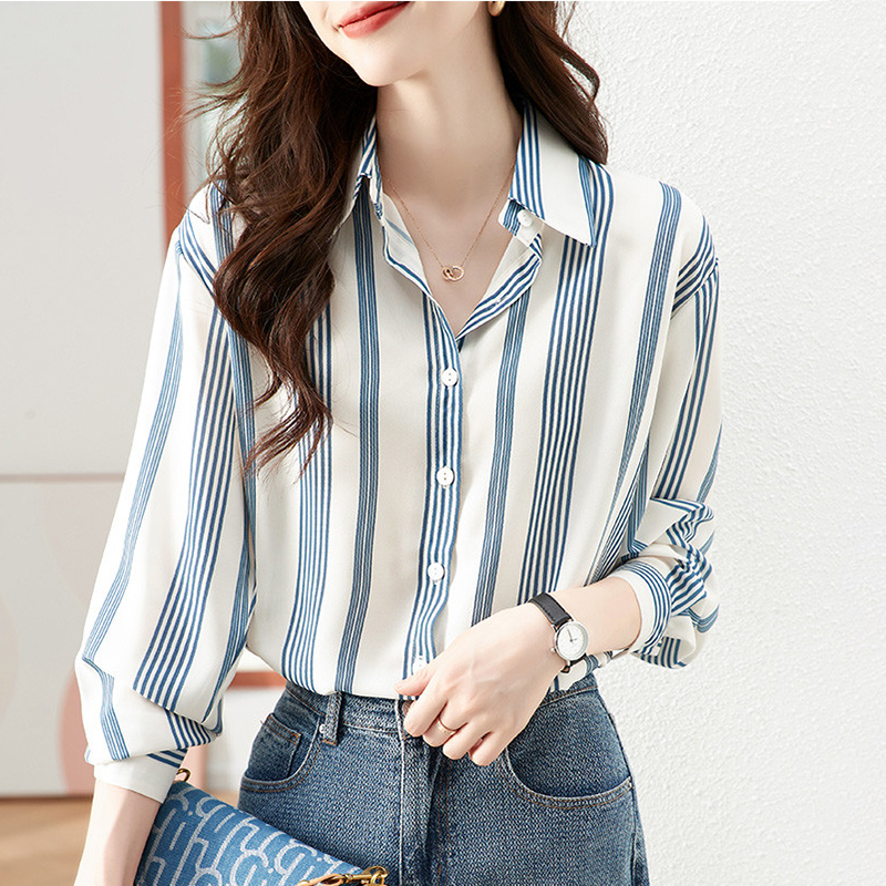 慵懶風條紋長袖翻領襯衫