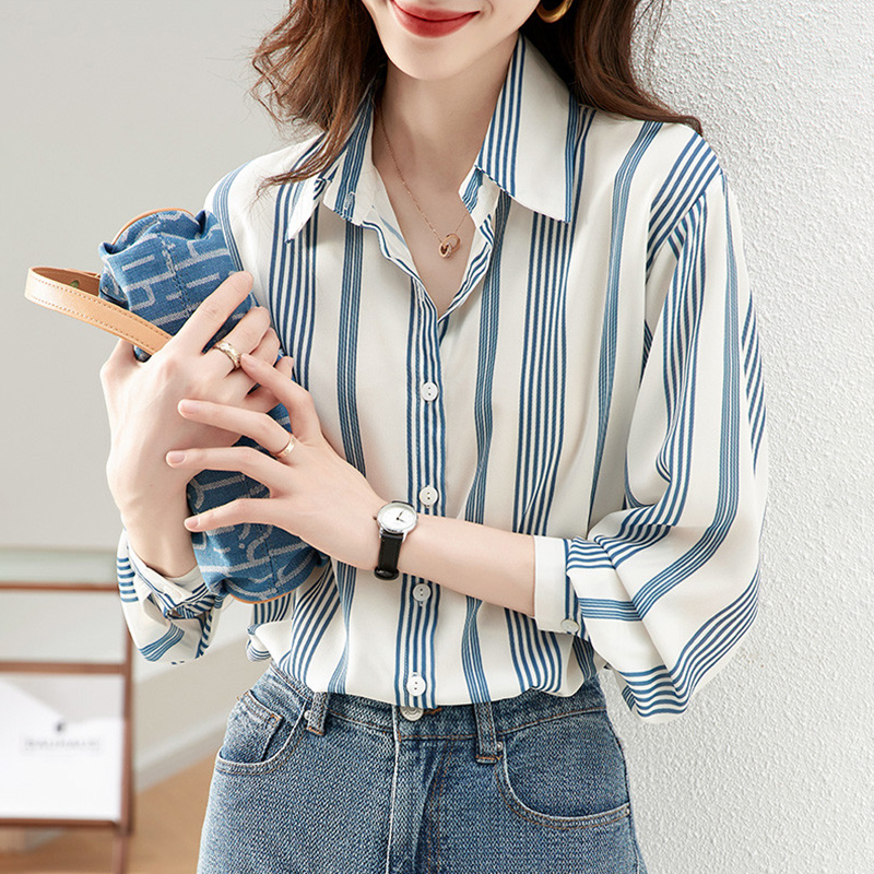 慵懶風條紋長袖翻領襯衫