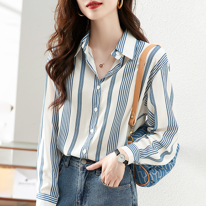 慵懶風條紋長袖翻領襯衫