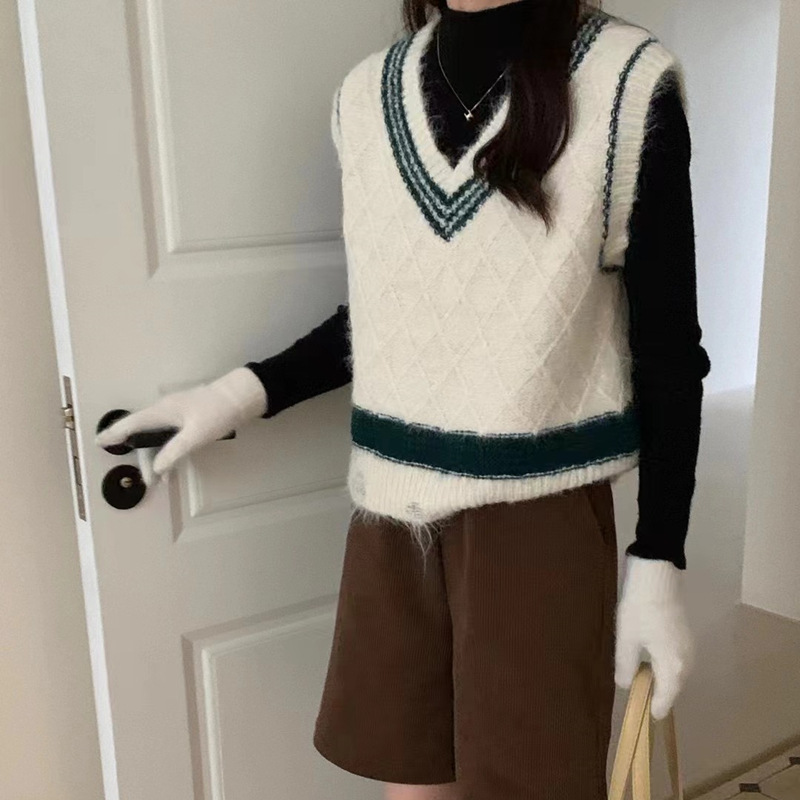 學院風麻花短V領毛衣背心坎肩