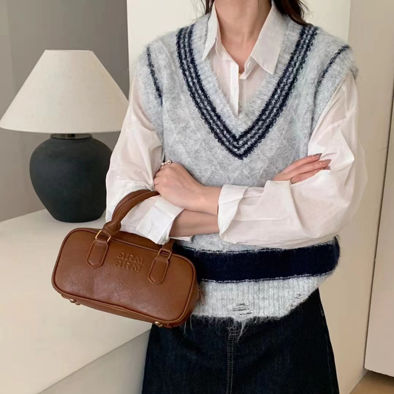 學院風麻花短V領毛衣背心坎肩