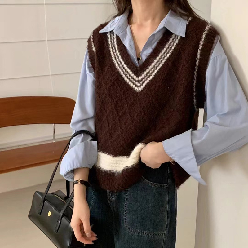 學院風麻花短V領毛衣背心坎肩