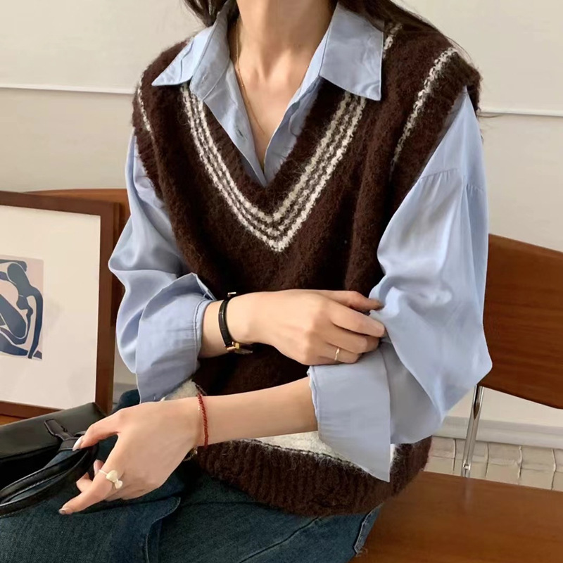 學院風麻花短V領毛衣背心坎肩