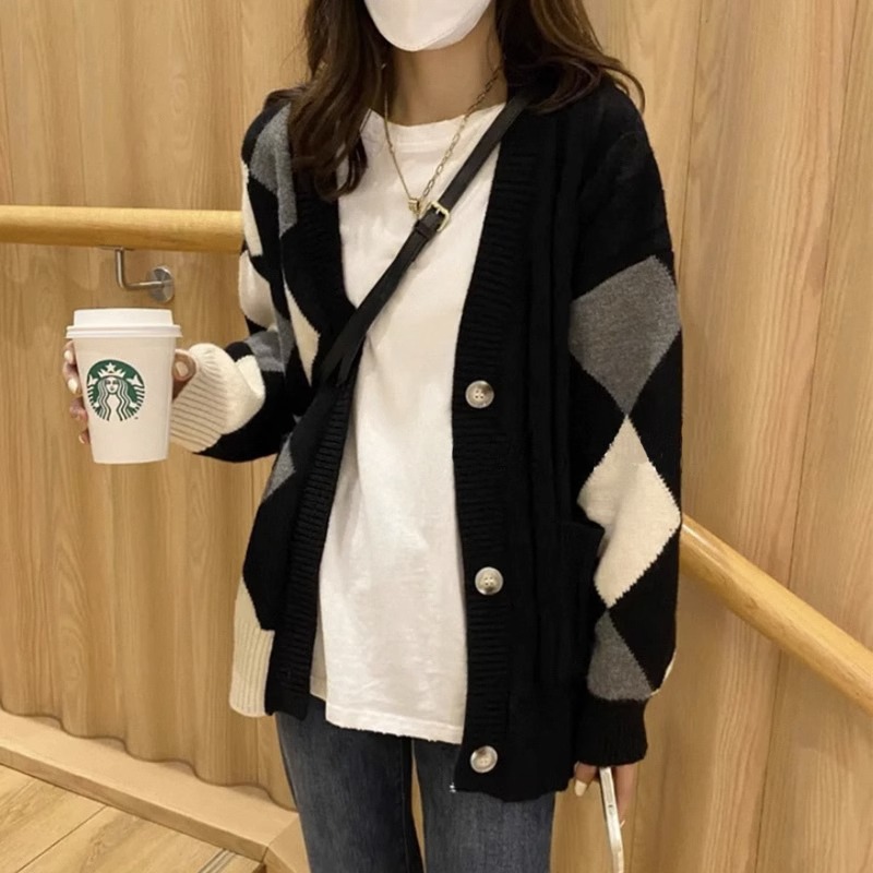 慵懶寬鬆拼色菱格針織開衫