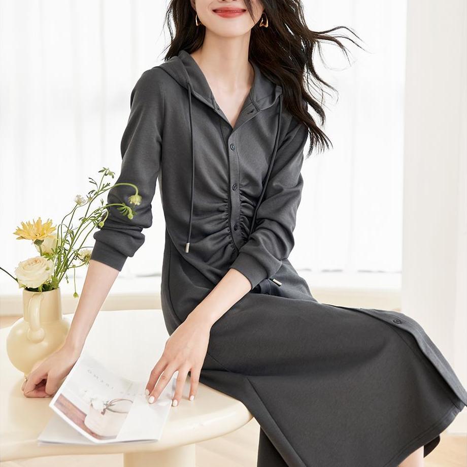 韓版純色褶皺收腰顯瘦連身裙