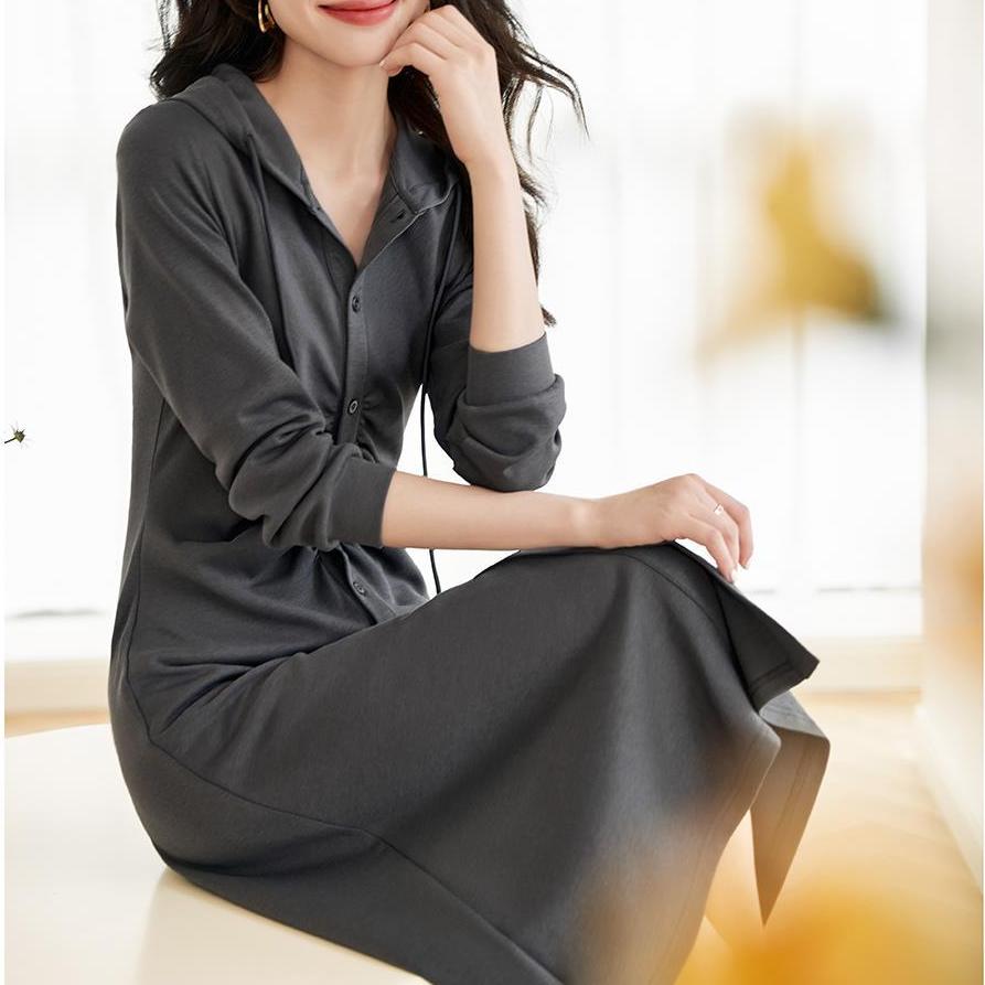 韓版純色褶皺收腰顯瘦連身裙