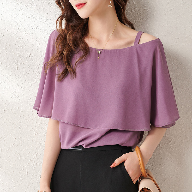 氣質純色短袖一字肩薄雪紡衫