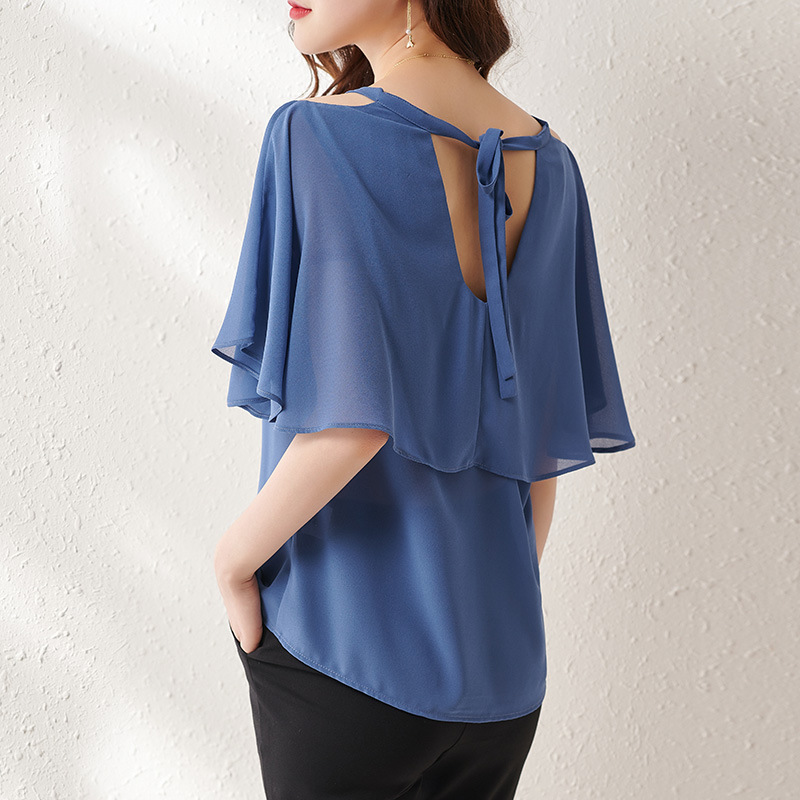 氣質純色短袖一字肩薄雪紡衫