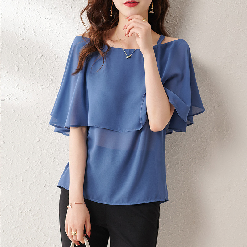 氣質純色短袖一字肩薄雪紡衫